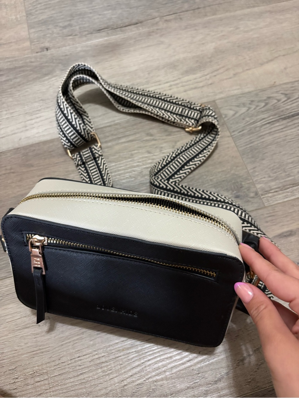 Two-Tone Black & Cream Crossbody Bag with Patterned Strap